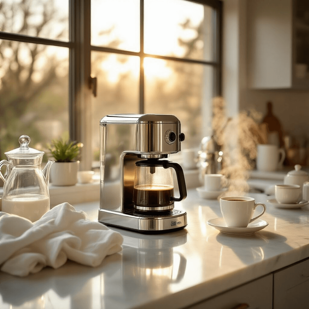 How to Clean Your Coffee Maker: The Ultimate Guide to Sparkling Brew Perfection Wide-angle shot of a modern kitchen at golden hour, featuring a chrome coffee maker on white marble countertops, with soft sunlight streaming through large windows, and a warm color palette of ivory whites, chrome, and gold. Steam rises from a cup of coffee, while cleaning supplies are neatly arranged.