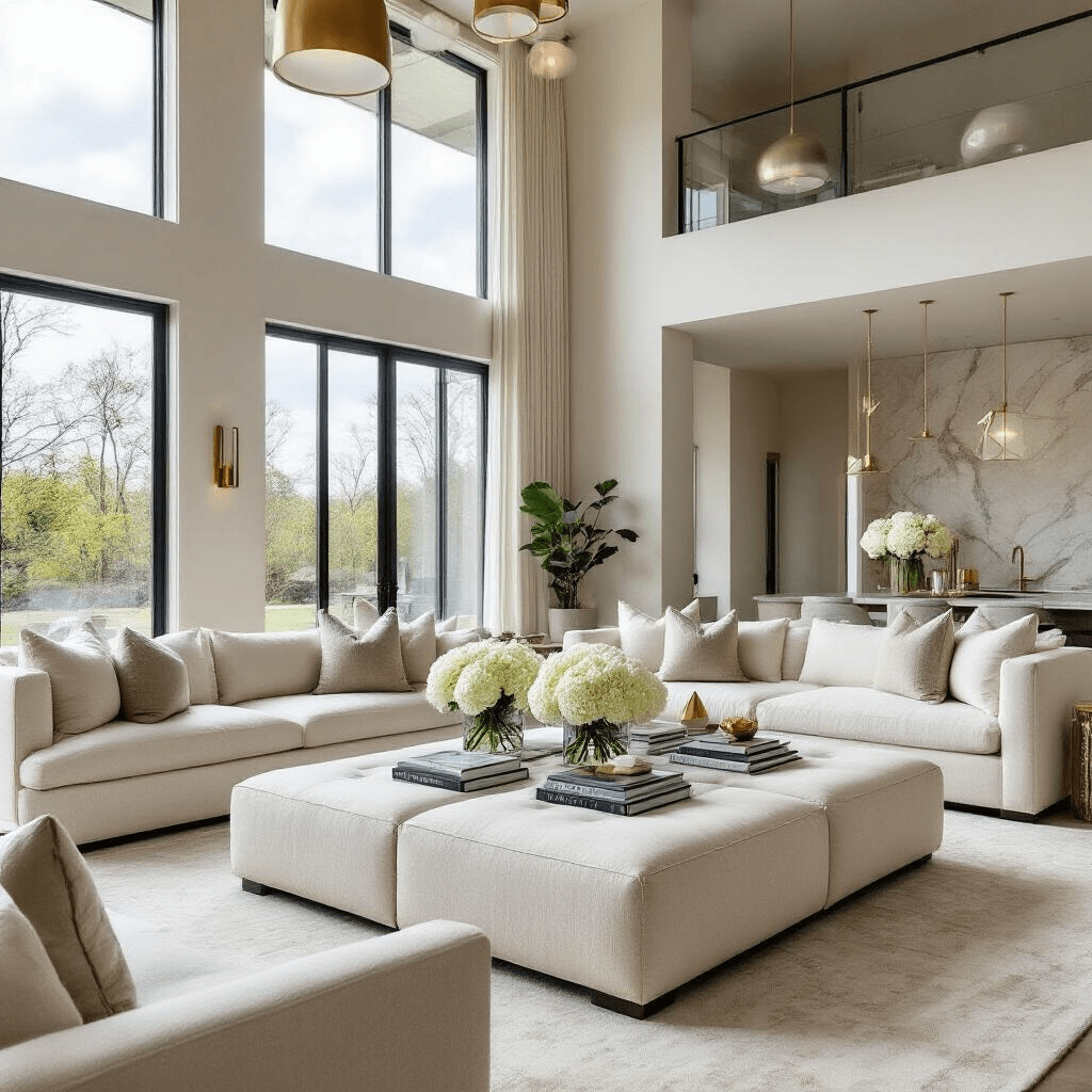 Ottoman Coffee Tables: The Ultimate Versatile Furniture Piece for Modern Living Spaces Cinematic wide shot of a luxurious open-plan living area featuring a large cream linen ottoman coffee table adorned with coffee table books, fresh white hydrangeas, and geometric decorative objects, surrounded by elegant seating, large windows, and a sophisticated color palette of ivory, soft gray, and metallic accents.