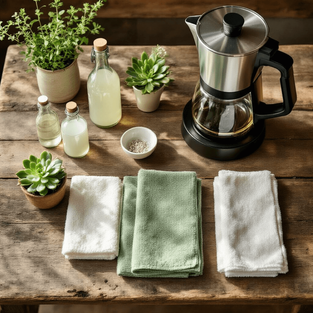 How to Clean Your Coffee Maker: The Ultimate Guide to Sparkling Brew Perfection Intimate overhead view of a coffee maker cleaning station on a rustic wooden table, featuring vintage glass bottles of white vinegar, sage green microfiber cloths, and gleaming coffee maker parts, complemented by fresh herbs and succulents, all captured in soft natural light.