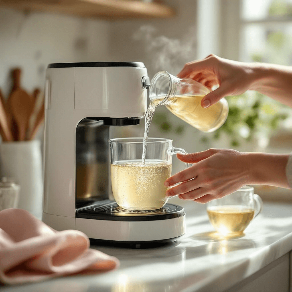 How to Clean Your Coffee Maker: The Ultimate Guide to Sparkling Brew Perfection Close-up of hands pouring a vinegar-water solution into a coffee maker reservoir in a bright kitchen, with marble surfaces and soft pastel decor, emphasizing a meticulous cleaning process.