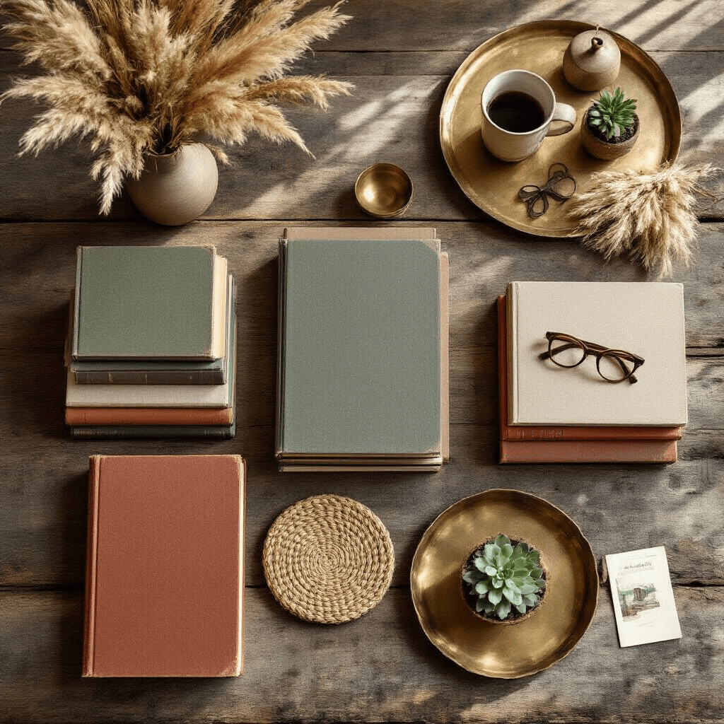 The Ultimate Guide to Coffee Table Books: Elevating Your Home Decor Overhead flat lay of a rustic coffee table featuring curated large-format books in sage green, terracotta, and cream, with dried pampas grass, brass bookends, and a vintage tray holding reading glasses. Textures include woven linen coasters, a ceramic pot with a succulent, and scattered vintage postcards, all illuminated by golden hour lighting.