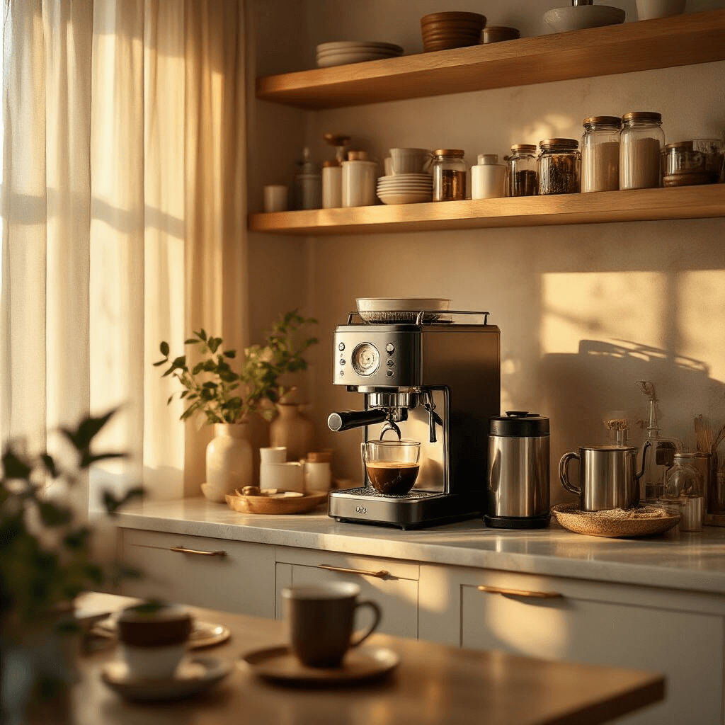 How to Clean Your Coffee Maker: The Ultimate Guide to Sparkling Brew Perfection Cinematic wide shot of a pristine kitchen corner dedicated to coffee, featuring a premium coffee maker on floating shelves surrounded by organized brewing accessories, with warm golden hour light filtering through sheer curtains, highlighting smooth marble, warm wood accents, and stainless steel in a rich color palette of golds, cream, and browns.