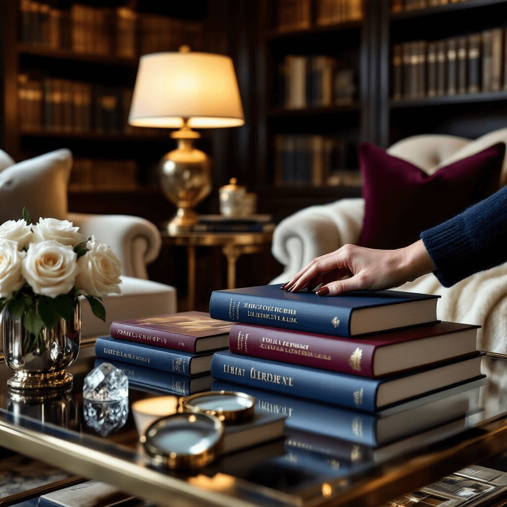 The Ultimate Guide to Coffee Table Books: Elevating Your Home Decor Close-up shot of hands arranging luxury coffee table books on a glass and chrome side table in an upscale home library, featuring rich jewel-toned book covers, cream cashmere throws, and velvet cushions. The scene is softly illuminated by a brass table lamp, with dark wood shelving in the background and details like a vintage magnifying glass and fresh white roses in a silver vase.