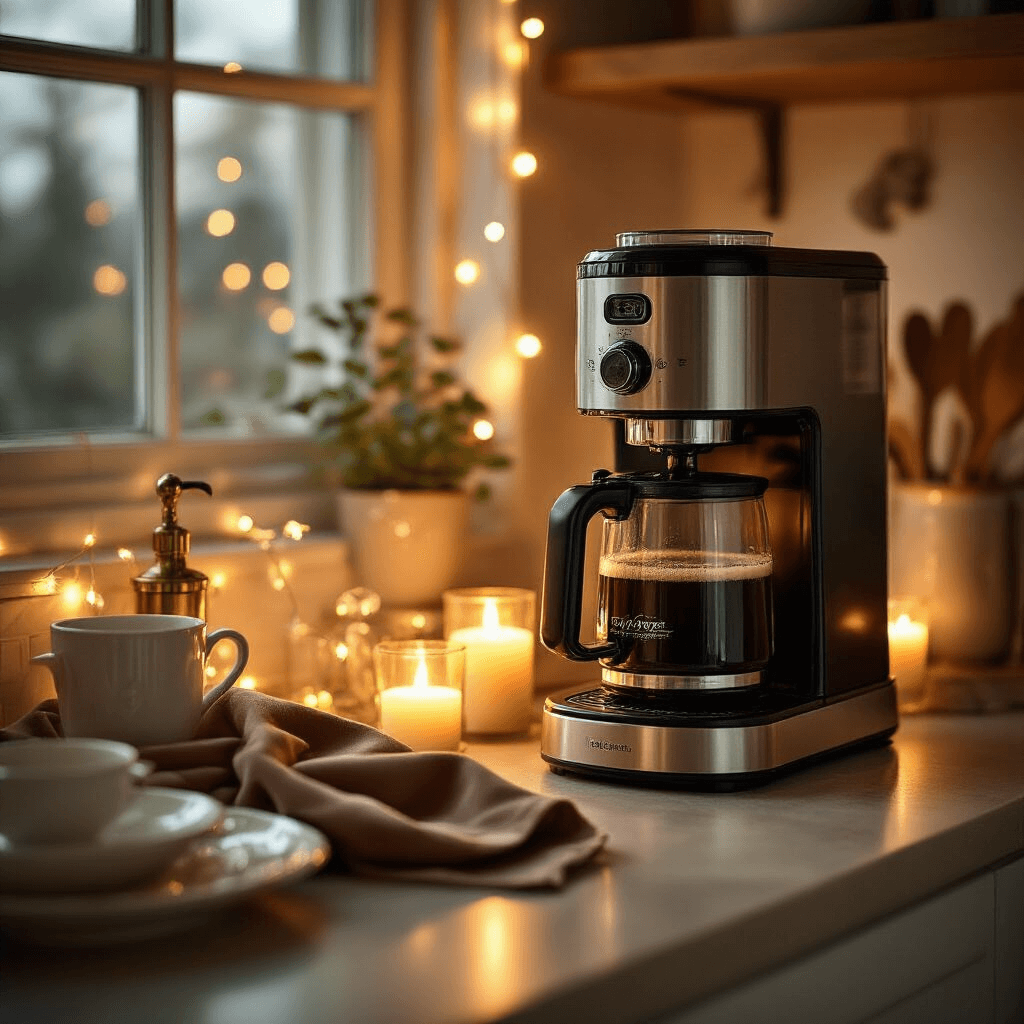 How to Clean Your Coffee Maker: The Ultimate Guide to Sparkling Brew Perfection A cozy apartment kitchen at dusk, featuring a well-maintained coffee maker illuminated by warm fairy lights and candlelight, highlighting polished surfaces and crystal-clear components in deep amber, soft ivory, and warm metallics, with layered styling of silk napkins, vintage brass accents, and neatly arranged cleaning tools.