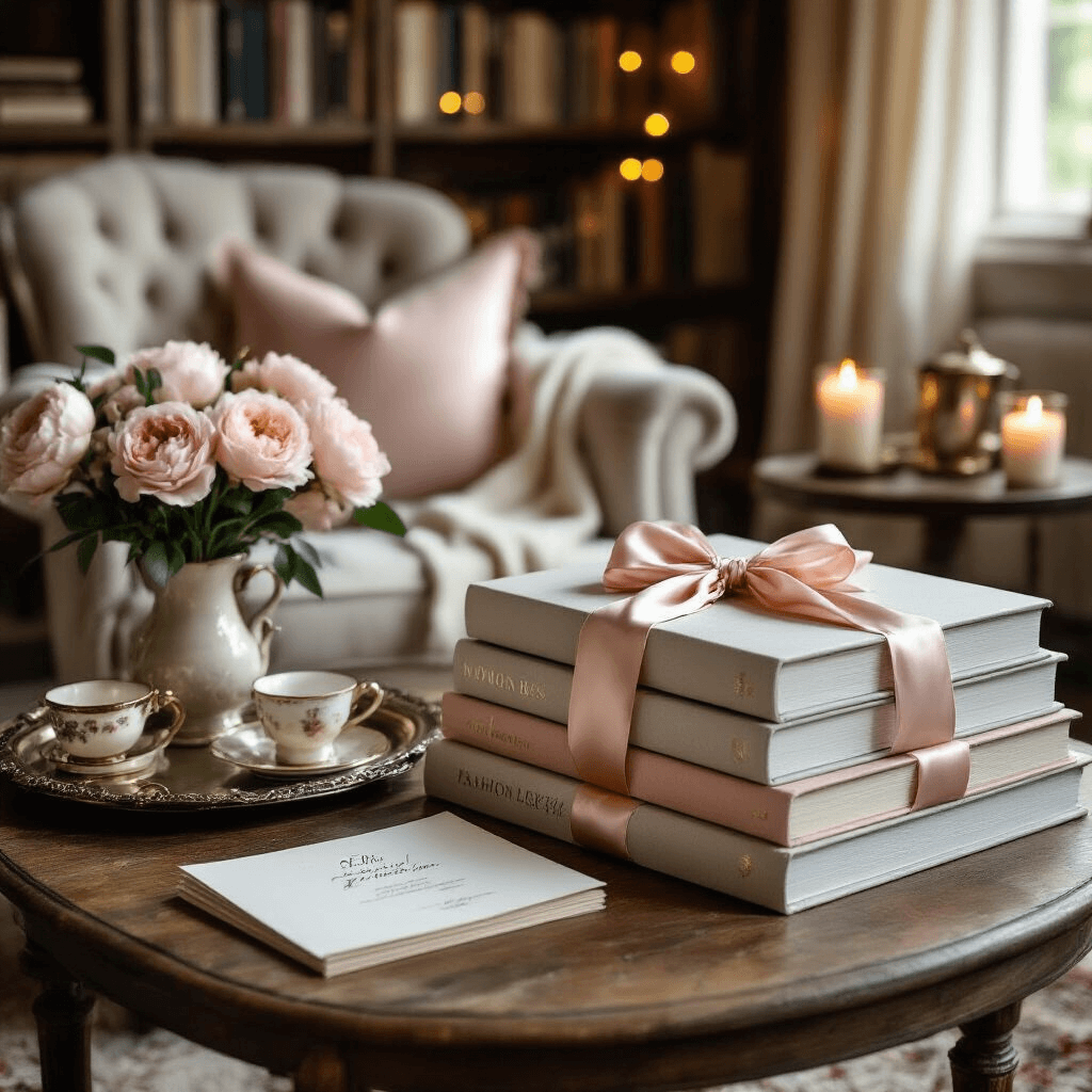 The Ultimate Guide to Coffee Table Books: Elevating Your Home Decor A cozy reading nook featuring a vintage wooden side table adorned with beautifully wrapped fashion and lifestyle coffee table books, tied with blush pink and cream silk ribbons. A comfortable velvet-upholstered chair, draped with a soft cashmere throw, is illuminated by warm ambient lighting from fairy lights and candles. The scene includes fresh peonies in a ceramic vase, a vintage tea service on a silver tray, and handwritten gift cards nestled between the book pages, creating an intimate and thoughtful atmosphere.