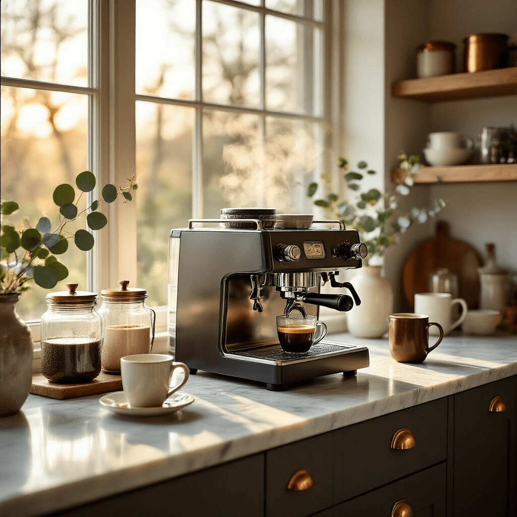 The Ultimate Guide to Choosing the Best Coffee Maker in 2024: A Comprehensive Styling and Selection Approach A modern kitchen coffee corner bathed in golden hour sunlight, featuring a sleek marble countertop with a professional espresso machine, curated coffee accessories, floating shelves displaying artisanal coffee, and steam rising from a freshly pulled espresso shot.