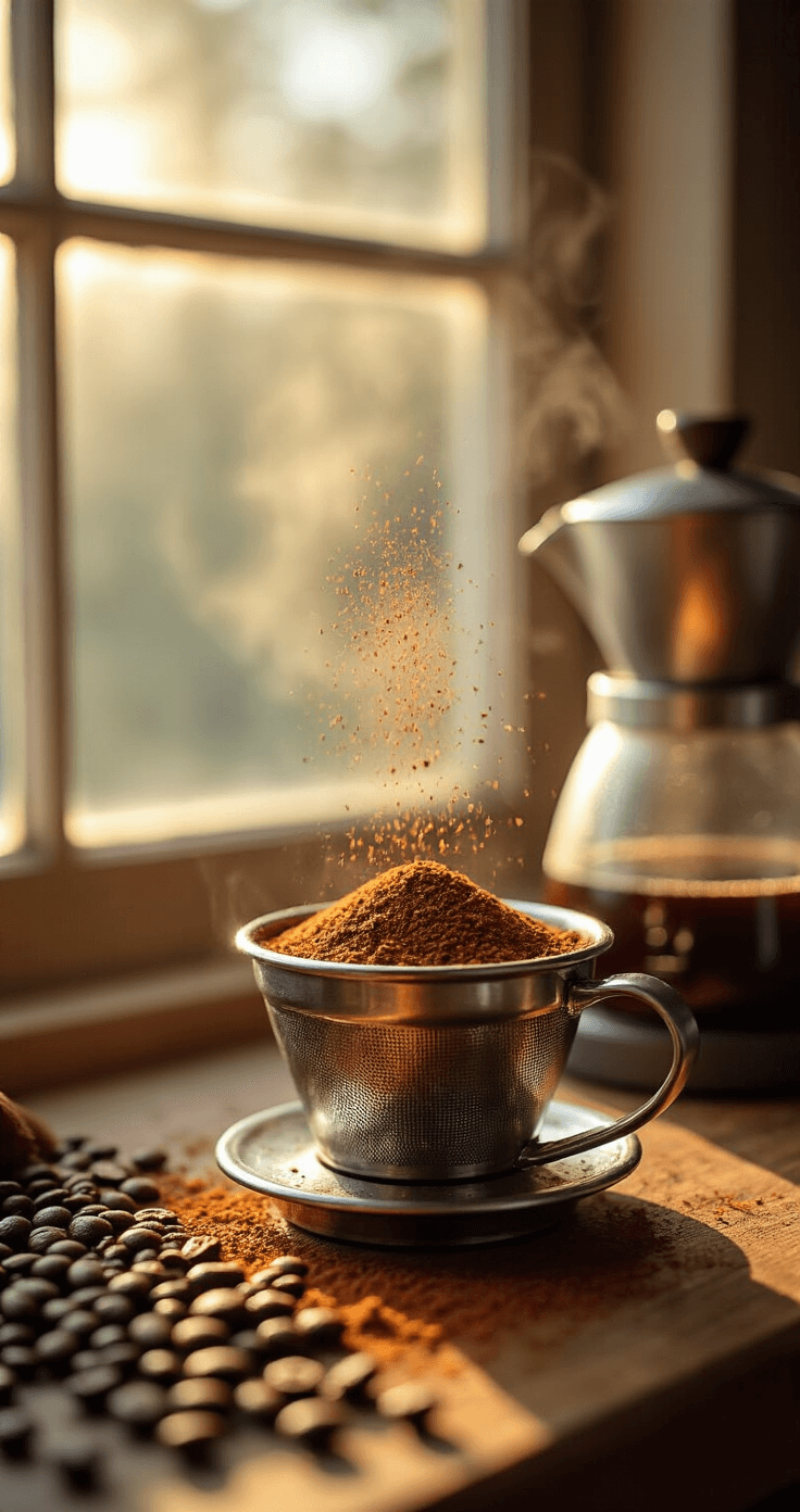 Cinnamon Mocha Coffee: Your Ultimate Cozy Comfort Drink Cinematic close-up of ground coffee beans in a silver filter basket, with cinnamon powder sprinkled on top, illuminated by warm morning light.