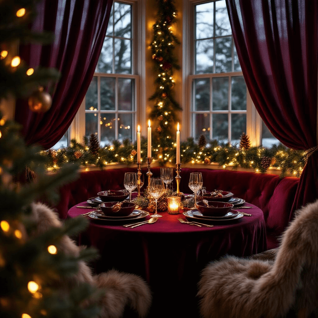 Coffee Table Event Styling: The Ultimate Guide to Creating Stunning Visual Experiences Cozy indoor dining nook for winter celebration, featuring a round table with jewel-toned velvet linens, taper candles, pine garland with lights, and sophisticated decor elements like faux fur throws and ceramic dinnerware.