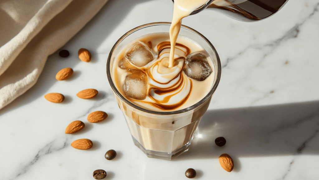 How to Make the Perfect Almond Milk Iced Latte at Home Cinematic overhead shot of a clear glass tall iced latte with almond milk and dark espresso swirls on a marble countertop, surrounded by whole almonds and coffee beans, illuminated by warm morning sunlight.