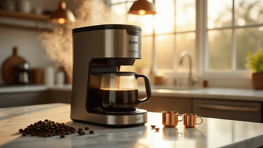 Bunn Coffee Maker: The Ultimate Home Brewing Companion for Coffee Lovers A sleek Bunn Speed Brew coffee maker on a polished white marble countertop, with steam rising from a glass carafe of dark coffee, surrounded by coffee beans and copper measuring spoons, illuminated by warm golden sunlight.