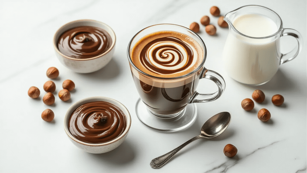 Chocolate Hazelnut Coffee: The Ultimate Indulgent Brew A cinematic overhead shot of a chocolate hazelnut coffee preparation featuring a clear glass mug with espresso swirled with chocolate hazelnut spread, surrounded by a ceramic bowl of spread, frothy milk, roasted hazelnuts, coffee beans, and small dishes of cocoa powder and crushed hazelnuts on a white marble surface, illuminated by warm golden lighting.