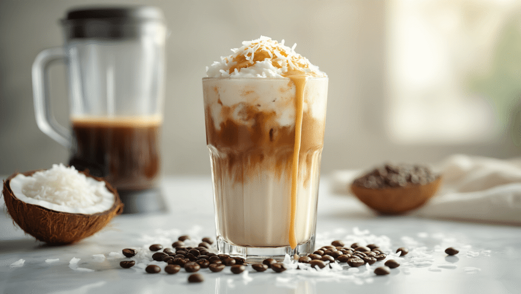 Coconut Iced Coffee: The Ultimate Summer Refresher Cinematic close-up of a layered coconut iced coffee in a tall glass, featuring dark coffee at the bottom and creamy coconut slush on top, garnished with shredded coconut and drizzled with condensed milk, with coffee beans and coconut shell fragments on white marble, soft natural lighting and condensation on the glass, blender blurred in background.