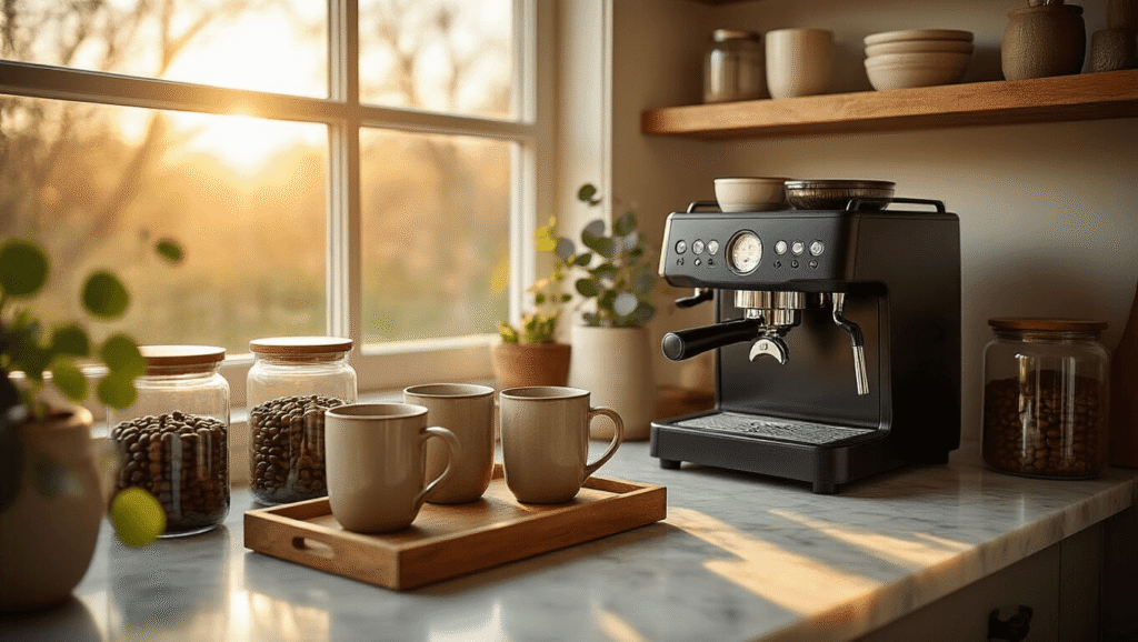 Creating the Perfect Coffee Nook: Your Ultimate Home Café Sanctuary Close-up of a beautifully styled coffee nook featuring a matte black espresso machine, handcrafted ceramic mugs, glass storage jars of coffee beans, and a rustic wooden tray, all illuminated by golden hour sunlight, creating a cozy and inviting atmosphere.