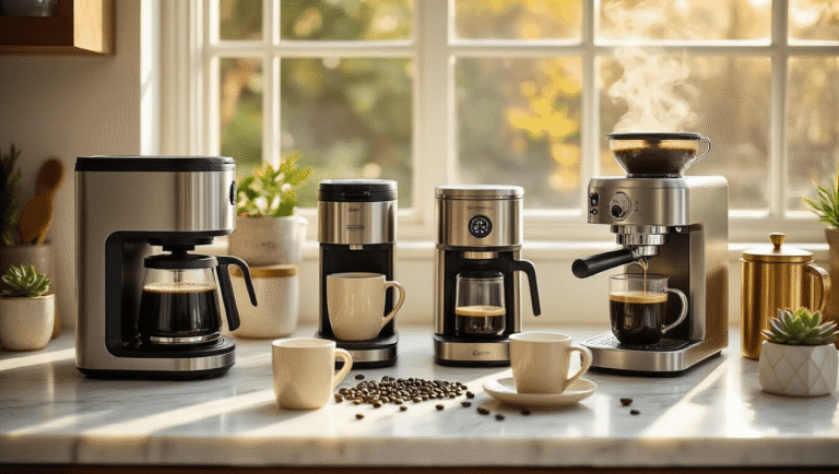 The Ultimate Guide to Coffee Makers: Brewing the Perfect Cup of Joy Cinematic overhead view of an elegant coffee station featuring various coffee makers on a white marble countertop, with sunlight illuminating artisanal mugs, coffee beans, succulents, and steaming cups in a warm, inviting morning setting.
