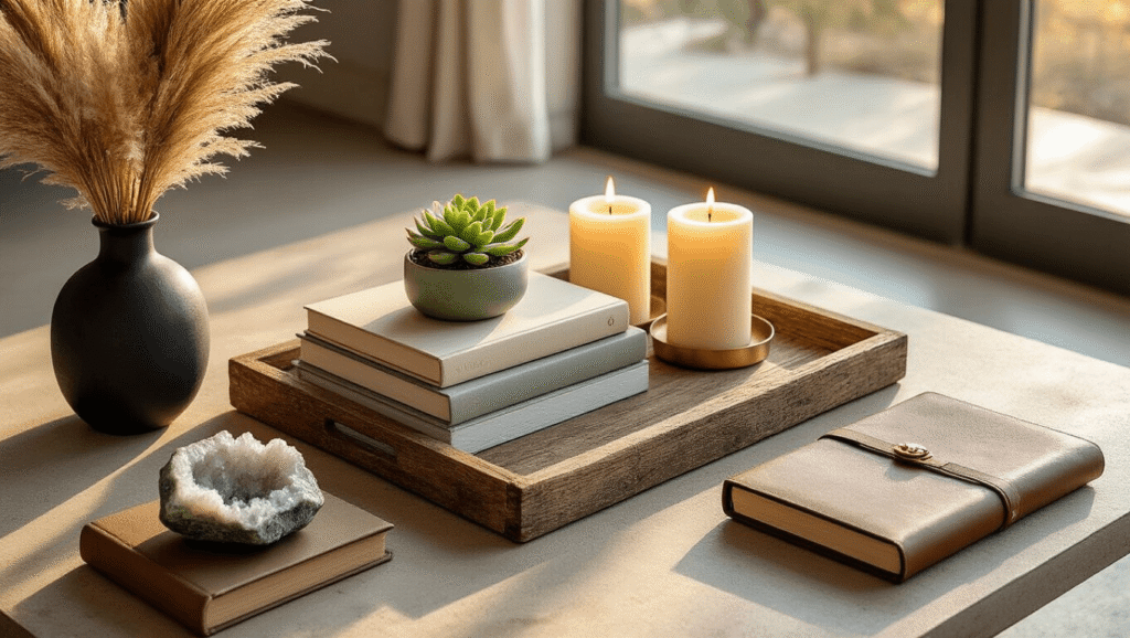 Coffee Table Styling: Transform Your Living Room's Focal Point Cinematic overhead shot of a beautifully styled coffee table with design books, a jade succulent, ivory candles, and decorative accents, bathed in warm golden hour sunlight, showcasing layered textures and a warm neutral color palette.