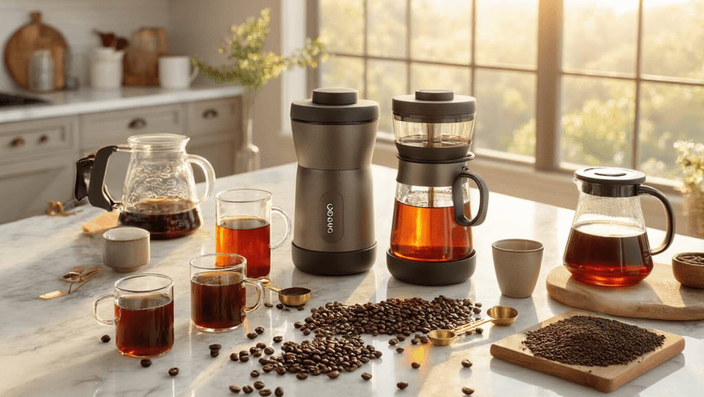 The Ultimate Guide to Cold Brew Coffee Makers: Brewing Perfection at Home Cinematic overhead view of a modern marble kitchen countertop featuring OXO and Takeya cold brew coffee makers, surrounded by coffee beans, borosilicate carafes of cold brew, ceramic cups, brass spoons, a burr grinder, and decorative napkins, all illuminated by warm golden hour light.