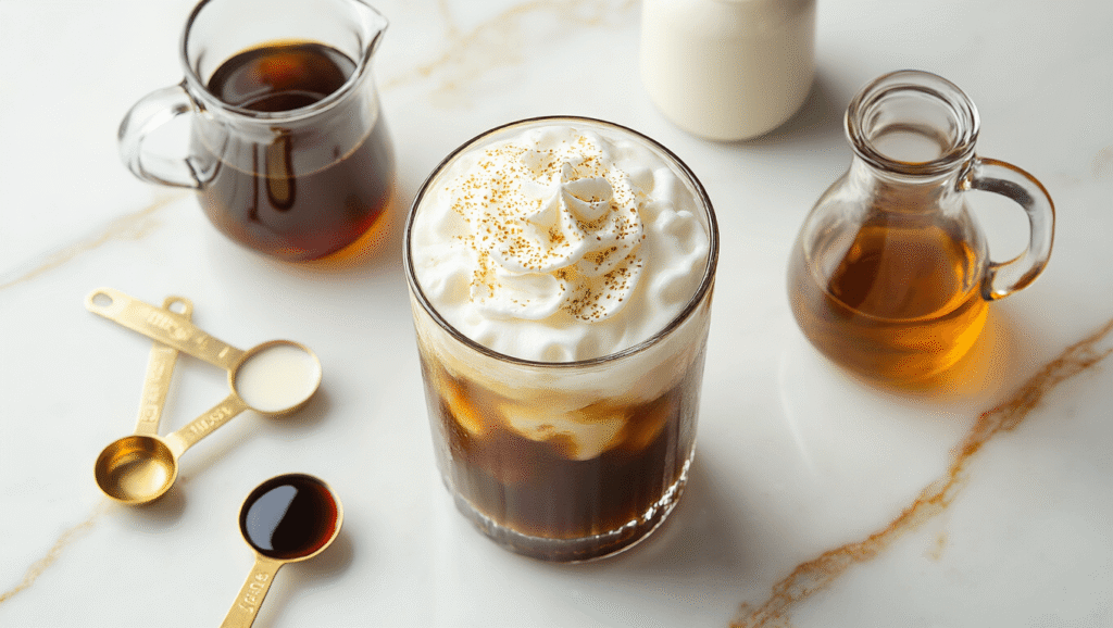 Cold Brew with Sweet Cream Foam: Your Ultimate Homemade Guide Elegant overhead shot of a cold brew coffee setup on a marble countertop, featuring layered dark amber coffee topped with creamy foam, alongside heavy cream, vanilla syrup, and a frother, illuminated by soft morning sunlight for a luxurious café vibe.