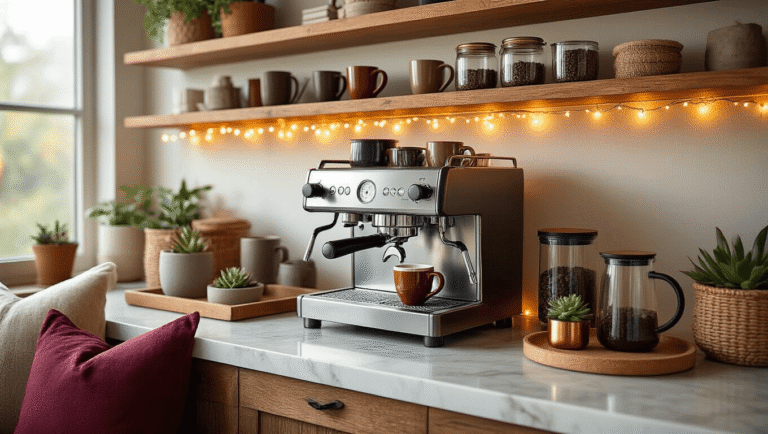 Creating the Perfect Coffee Corner: Your Ultimate Home Sanctuary Cinematic close-up of a cozy coffee corner featuring a gleaming espresso machine, ceramic mugs, wooden shelves with glass jars of coffee beans, rustic trays, warm lighting, and soft textiles, evoking a perfect coffee sanctuary.