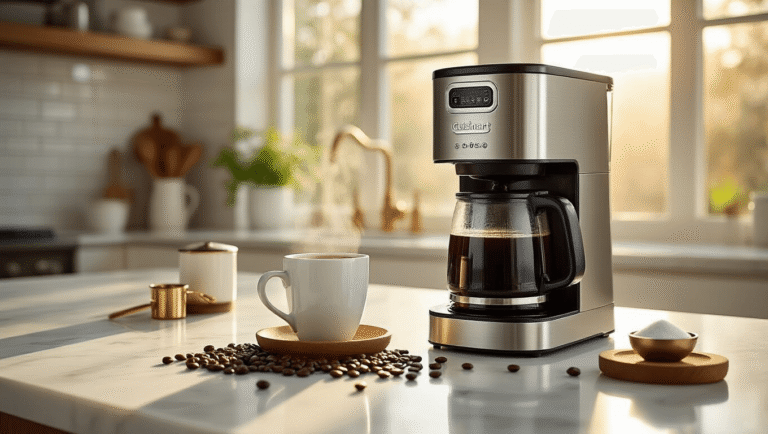 Cuisinart Coffee Makers: The Ultimate Guide to Brewing Perfection at Home Cinematic close-up of a stainless steel Cuisinart coffee maker on a marble countertop, sunlight highlighting steam from a dark roast coffee carafe, surrounded by coffee beans, a ceramic mug, measuring spoons, and brown sugar, with a minimalist kitchen backdrop.