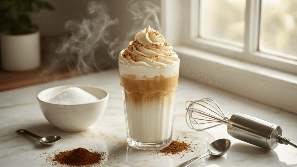 Dalgona Whipped Coffee: The Ultimate Easy Coffee Sensation Cinematic overhead shot of dalgona coffee in a clear glass atop ice cubes and milk, crowned with golden-brown whipped foam, surrounded by coffee granules, a mixing bowl, and a hand mixer, set on a white marble countertop with soft natural lighting.