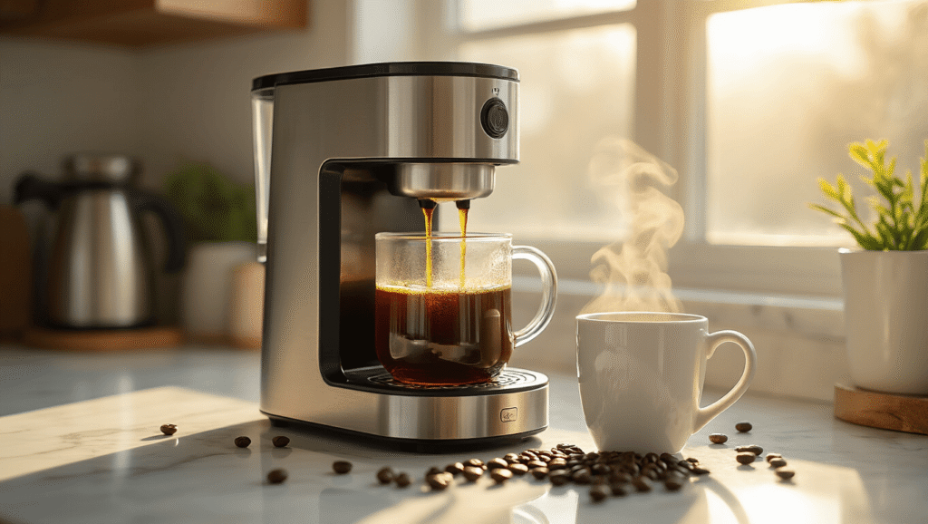 The Ultimate Guide to Drip Coffee Makers: Brewing Perfection Made Easy A sleek stainless steel drip coffee maker mid-brew on a white marble countertop, with golden sunlight highlighting rich amber coffee cascading into a glass carafe, scattered whole coffee beans, and a steaming white mug, evoking a warm and inviting morning ritual.