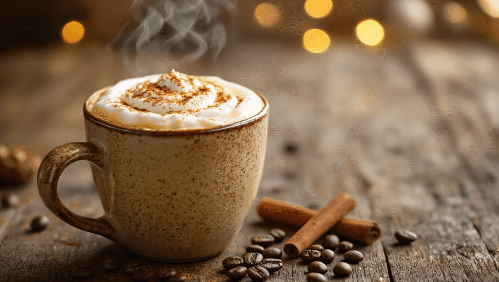 Eggnog Latte: The Ultimate Holiday Coffee Indulgence A close-up of a beautifully crafted eggnog latte in a rustic ceramic mug, featuring frothed eggnog milk and a dusting of nutmeg, set on a weathered wooden surface with coffee beans and cinnamon sticks, captured in warm golden hour lighting.
