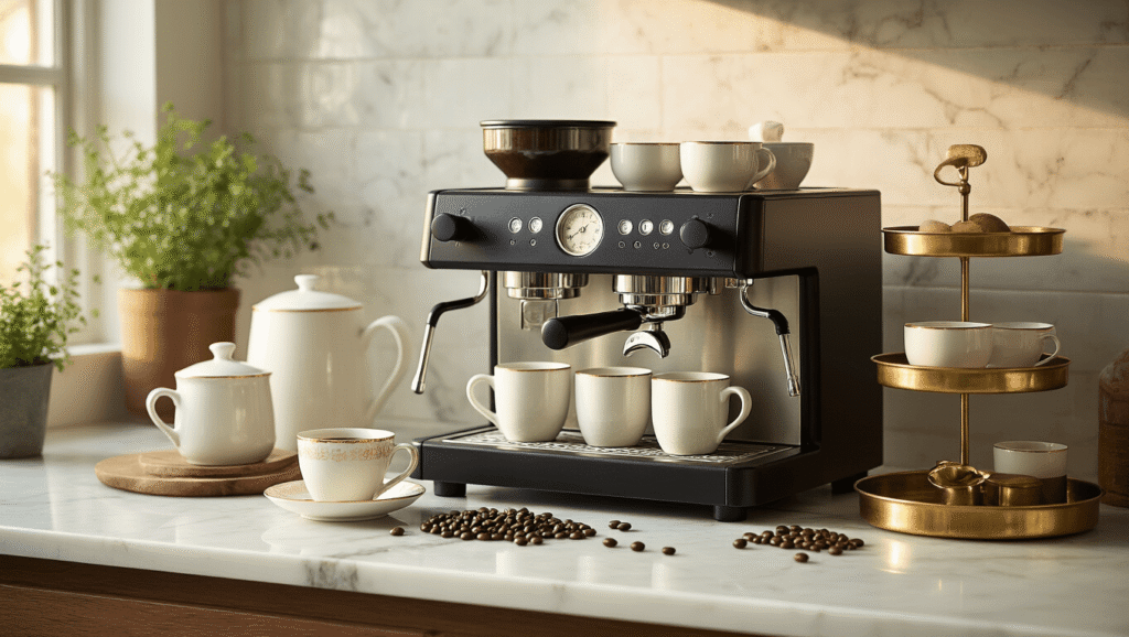 The Ultimate Guide to Creating a Stunning Coffee Station: From Home to Event Styling Elegant coffee station featuring a sleek black espresso machine on a white marble countertop, adorned with ceramic canisters, brass accessories, and soft lighting, capturing the essence of morning ritual sophistication.