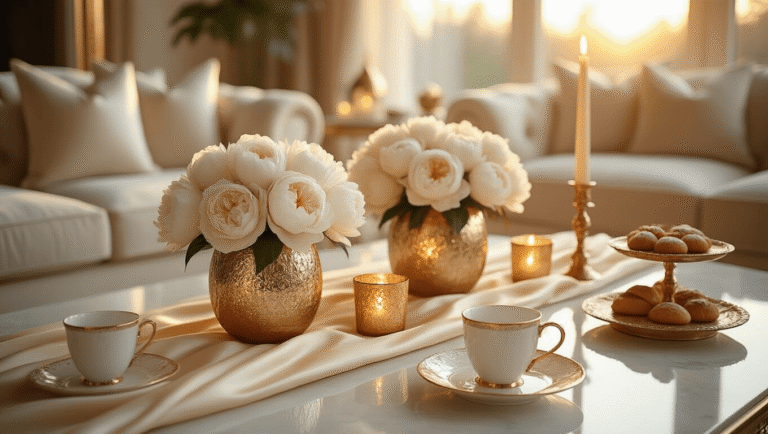 Coffee Table Event Styling: The Ultimate Guide to Creating Stunning Visual Experiences Elegant coffee table styled with silk runners, white peonies in mercury glass vases, gold candles, and artisanal pastries, captured during golden hour with warm light and rich textures.