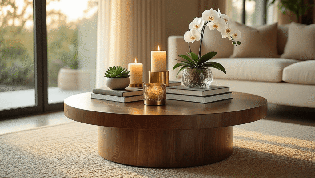 The Ultimate Guide to Round Coffee Tables: Transform Your Space with Style and Functionality Elegant round coffee table styled with coffee table books, candles, and succulents in a warm living room with golden hour lighting and luxurious furnishings.