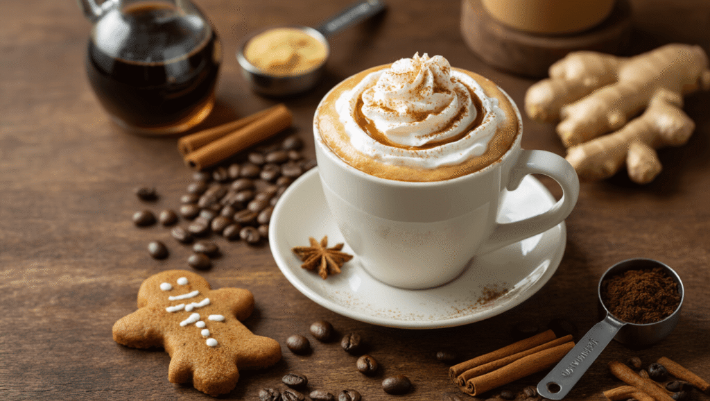 Gingerbread Latte: The Ultimate Homemade Holiday Comfort Drink Artisanal gingerbread latte in a white ceramic mug with swirling espresso and molasses syrup, topped with velvety foam and whipped cream, on a rustic wooden table adorned with coffee beans, cinnamon sticks, and spices, illuminated by warm amber lighting.