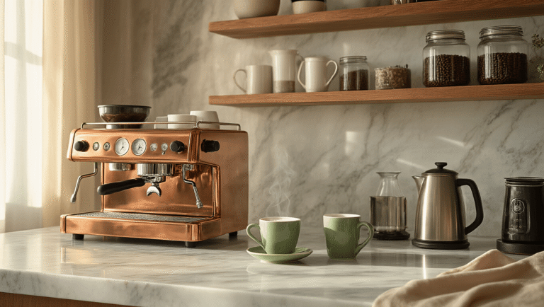 How to Create the Perfect Home Coffee Bar: A Comprehensive Guide Elegant home coffee bar with a copper espresso machine on a marble countertop, featuring morning sunlight, ceramic mugs, and fresh greens, capturing the inviting ritual of brewing coffee.