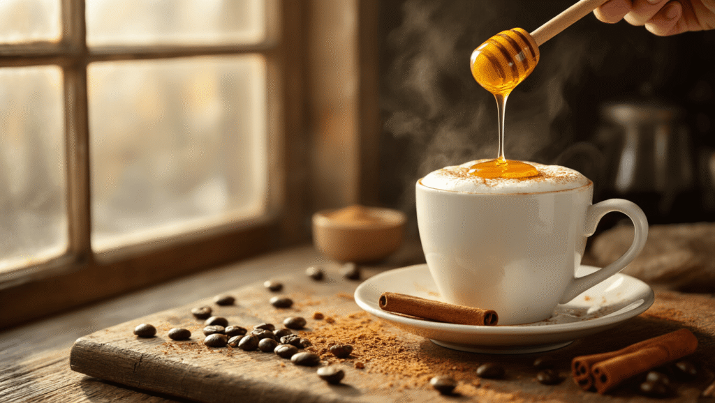 Honey Cinnamon Cappuccino: A Luxurious Homemade Coffee Experience Cinematic close-up of a honey cinnamon cappuccino with golden honey drizzle and cinnamon stick on a rustic wooden surface, bathed in warm morning light.