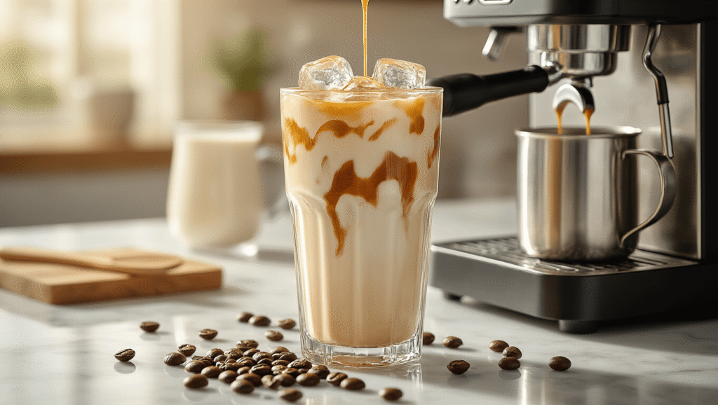 Classic Iced Latte: The Ultimate Refreshing Coffee Drink Cinematic close-up of an iced latte being prepared on a marble countertop, showcasing espresso cascading over ice, milk swirling in a pitcher, coffee beans scattered, and warm morning light highlighting glossy surfaces.