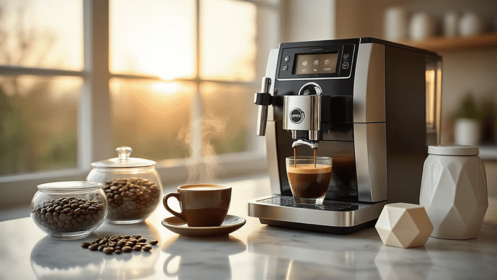 Jura Coffee Makers: The Ultimate Guide to Luxury Home Espresso A close-up of a sleek Jura E8 coffee maker on white marble countertops, featuring steam rising from a porcelain espresso cup, surrounded by coffee beans, a milk container, cleaning tablets, and premium accessories, illuminated by warm golden hour light.