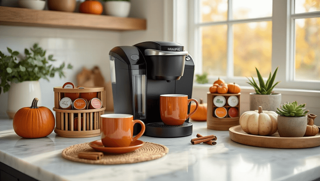 The Ultimate Guide to Creating a Stunning Keurig Coffee Bar: From Setup to Style Elegant Keurig coffee bar on white marble countertop with seasonal decor, featuring a black K-Elite machine, pumpkin-spiced mugs, bamboo K-Cup organizer, cinnamon sticks, and succulents, illuminated by golden hour lighting, with warm candlelight and fairy lights, capturing intricate textures and autumn color palette.