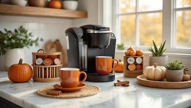 The Ultimate Guide to Creating a Stunning Keurig Coffee Bar: From Setup to Style Elegant Keurig coffee bar on white marble countertop with seasonal decor, featuring a black K-Elite machine, pumpkin-spiced mugs, bamboo K-Cup organizer, cinnamon sticks, and succulents, illuminated by golden hour lighting, with warm candlelight and fairy lights, capturing intricate textures and autumn color palette.