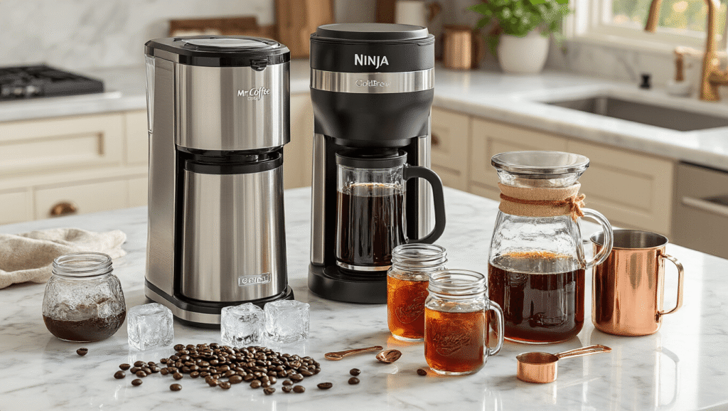 The Ultimate Guide to Iced Coffee Makers: Brew Cool, Drink Better Cinematic overhead shot of a luxurious marble kitchen countertop with three iced coffee makers, scattered dark roast coffee beans, crystal-clear ice cubes, glass mason jars of cold brew, and stainless steel tumblers, all illuminated by soft morning sunlight.