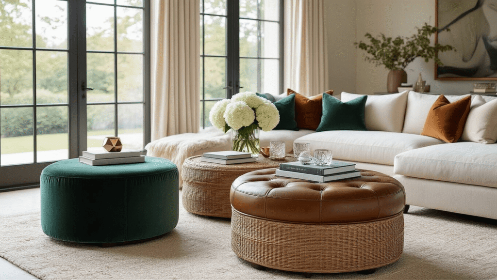 Ottoman Coffee Tables: The Ultimate Versatile Furniture Piece for Modern Living Spaces Cinematic wide-angle shot of an elegant living room featuring multiple ottoman coffee tables in deep emerald velvet, cognac leather, and woven rattan, with a luxurious cream linen centerpiece styled with coffee table books, fresh white hydrangeas, and geometric decorative objects, illuminated by soft morning light.