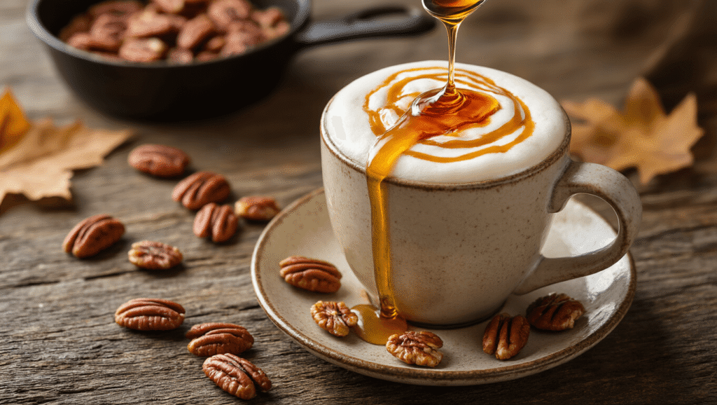 Maple Pecan Latte - Your Cozy Autumn Coffee Companion Cinematic overhead view of a creamy Maple Pecan Latte in a ceramic mug on rustic wood, garnished with toasted pecans and drizzled maple syrup, surrounded by warm autumn lighting and a cozy kitchen atmosphere.