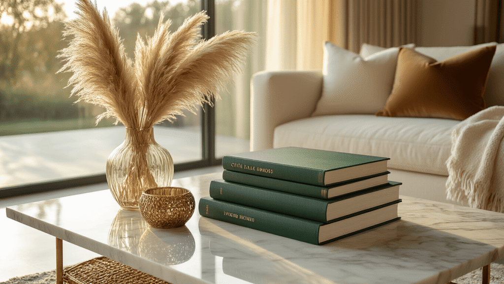 The Ultimate Guide to Coffee Table Books: Elevating Your Home Decor Elegant marble coffee table styled with oversized coffee table books in emerald green, cream, and gold covers, illuminated by warm golden hour sunlight. Dried pampas grass in a crystal vase and textured elements enhance the sophisticated decor, complemented by plush ivory throw pillows on a sectional sofa, with highlighting from a brass lamp.