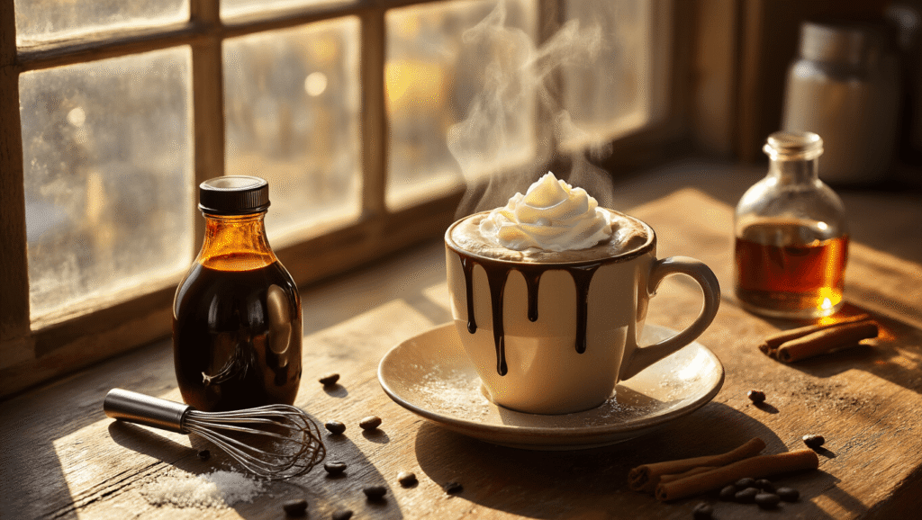 Classic Hot Mocha: Your Ultimate Homemade Comfort Drink A steaming ceramic mug of mocha topped with whipped cream and chocolate syrup on a rustic wooden counter, surrounded by a chocolate syrup bottle, a vintage silver whisk, scattered sugar crystals, a vanilla extract bottle, chocolate shavings, a cinnamon stick, and whole coffee beans, all illuminated by warm morning sunlight.