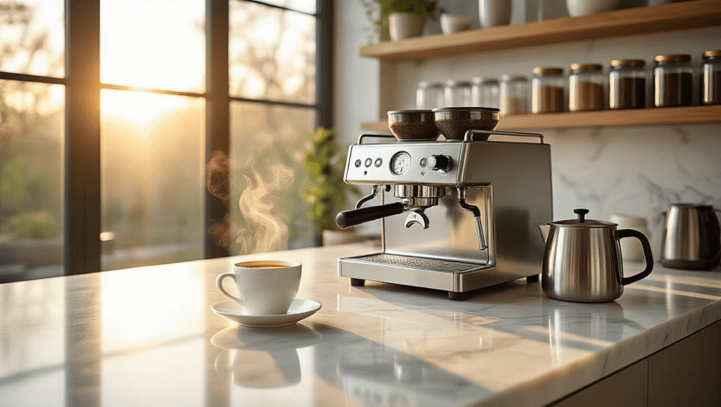 The Ultimate Guide to Choosing the Best Coffee Maker in 2024: A Comprehensive Styling and Selection Approach Cinematic wide-angle shot of a luxurious modern coffee station with a stainless steel espresso machine on white marble countertops, warm sunlight streaming through windows, steam rising from a porcelain cup, and coffee accessories arranged thoughtfully with greenery.