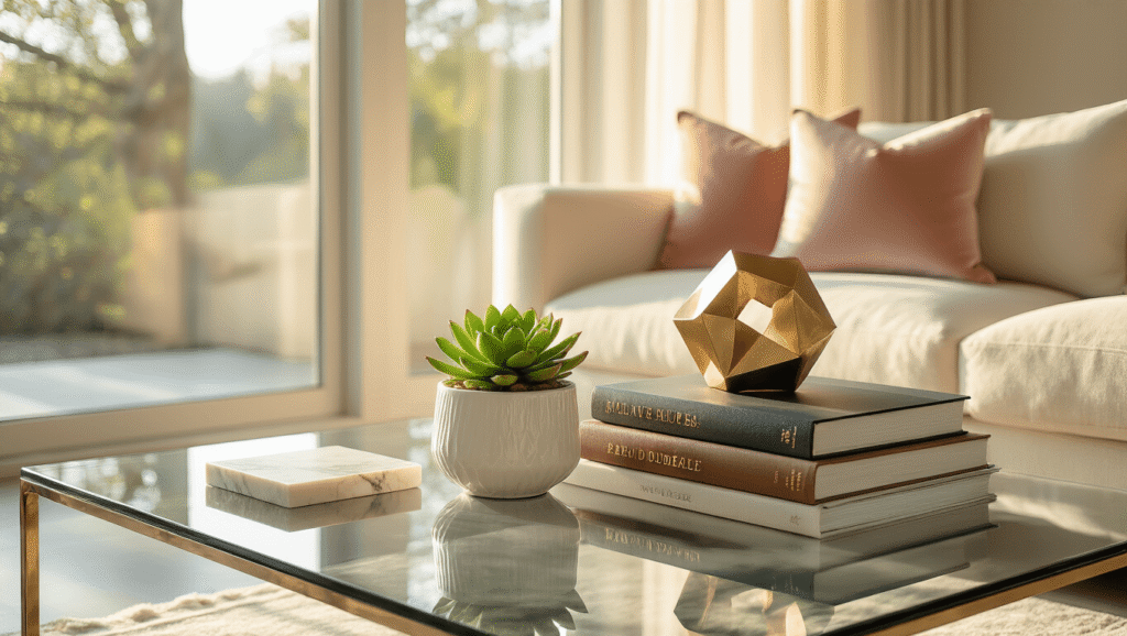 Coffee Table Styling: The Ultimate Guide to Creating a Stunning Living Room Centerpiece Cinematic wide-angle shot of a modern glass coffee table styled with art books, a metallic sculpture, and a succulent, highlighted by soft golden hour sunlight and a luxurious cream sofa in the background.