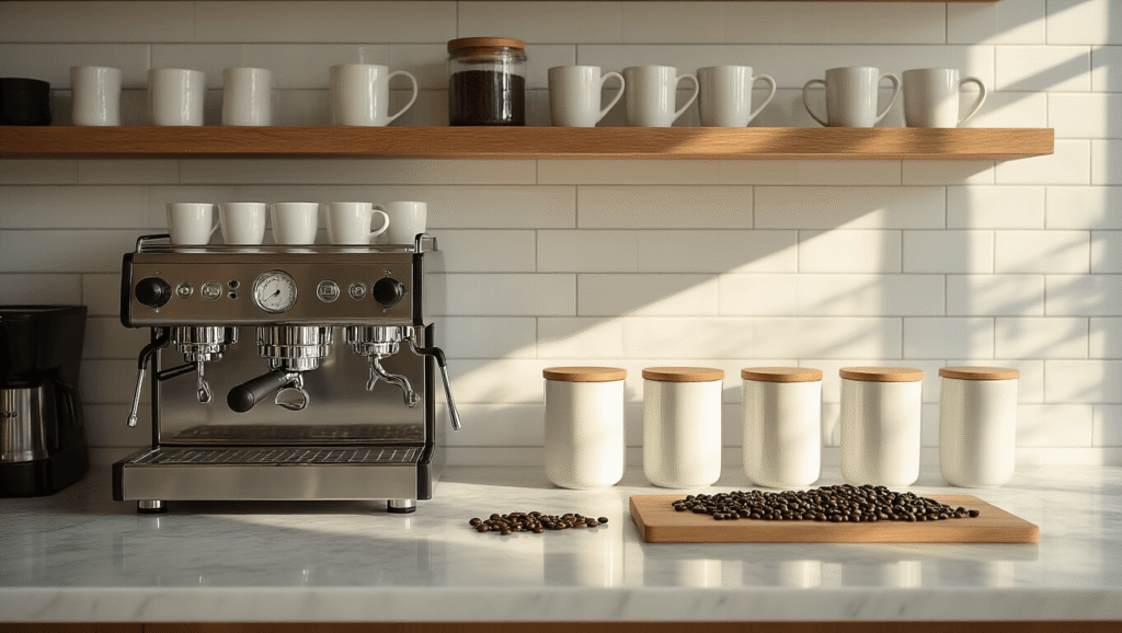 Create an Irresistible Home Coffee Bar: Your Ultimate Guide to Brewing Style and Functionality A luxurious modern minimalist coffee bar featuring sleek marble countertops, a stainless steel espresso machine, and ceramic canisters, softly illuminated by golden hour light, with rich coffee beans and porcelain mugs enhancing the inviting atmosphere.
