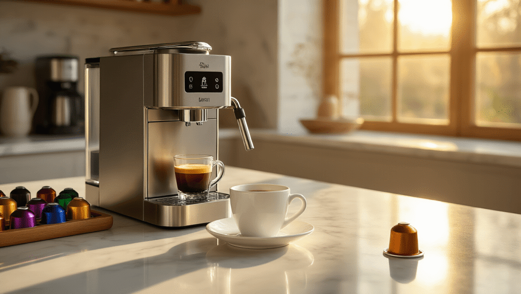 Styling Your Nespresso Coffee Maker: The Ultimate Guide to Creating Instagram-Worthy Coffee Moments Close-up of a sleek stainless steel Nespresso Creatista machine on white marble countertops, with warm golden hour sunlight illuminating the scene. An elegant white ceramic espresso cup with dark espresso and crema sits in the foreground, surrounded by colorful Nespresso capsules, a wooden tray, a geometric capsule organizer, and scattered coffee beans. Soft-focus kitchen elements with warm wood accents create an inviting, luxurious coffee station atmosphere.