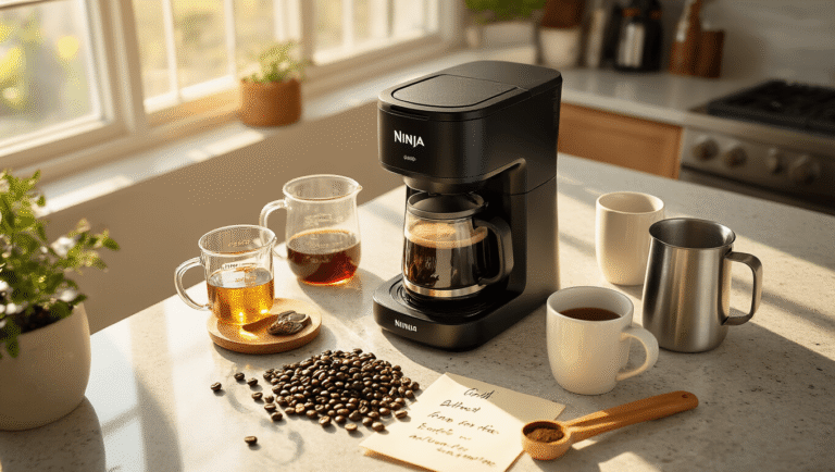 Ninja Coffee Makers: Your Ultimate Home Brewing Companion Cinematic overhead shot of a modern kitchen countertop featuring a sleek black Ninja coffee maker, surrounded by coffee brewing essentials such as roasted coffee beans, glass measuring cups, ceramic mugs, a milk frother, and handwritten notes, all illuminated by warm golden hour sunlight.