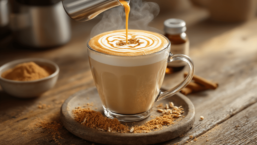 Oat Milk Brown Sugar Latte: Café-Quality Comfort in Minutes A steaming oat milk brown sugar latte in a clear glass mug with rich amber espresso shots and beautiful latte art, garnished with brown sugar crystals and a dusting of ground cinnamon, arranged on a rustic wooden counter with golden morning light creating dramatic shadows.