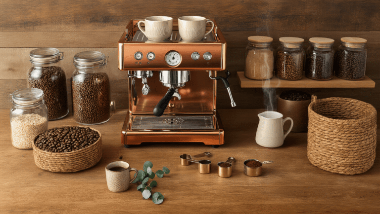 Crafting the Perfect Coffee Station: Your Ultimate Guide to Creating a Brew-tiful Space Overhead view of a stylish coffee station on a reclaimed wood countertop, featuring a copper espresso machine, vintage glass canisters of coffee beans, cream-colored ceramic mugs, a milk frother, eucalyptus sprigs, woven basket storage, and colorful hand-painted mugs on floating shelves, illuminated by warm golden hour light.