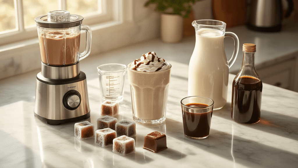 Peppermint Mocha Frappe: Your Ultimate Holiday Coffee Escape Cinematic overhead view of a white marble kitchen counter featuring a peppermint mocha frappe setup, including a stainless steel blender, frozen coffee ice cubes, a glass pitcher of milk, dark chocolate syrup, peppermint extract, and finished frappes topped with whipped cream, chocolate shavings, and crushed candy canes, all bathed in warm morning light.