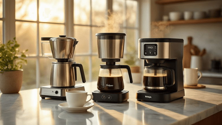 The Best Coffee Makers of 2025: A Comprehensive Guide to Brewing Excellence Close-up of a luxurious kitchen countertop featuring three premium coffee makers: Technivorm Moccamaster, Fellow Aiden, and Ninja DualBrew Pro, with warm sunlight casting shadows on the Carrara marble surface, steam rising from white cups, scattered coffee beans, and an open leather-bound coffee journal with tasting notes.